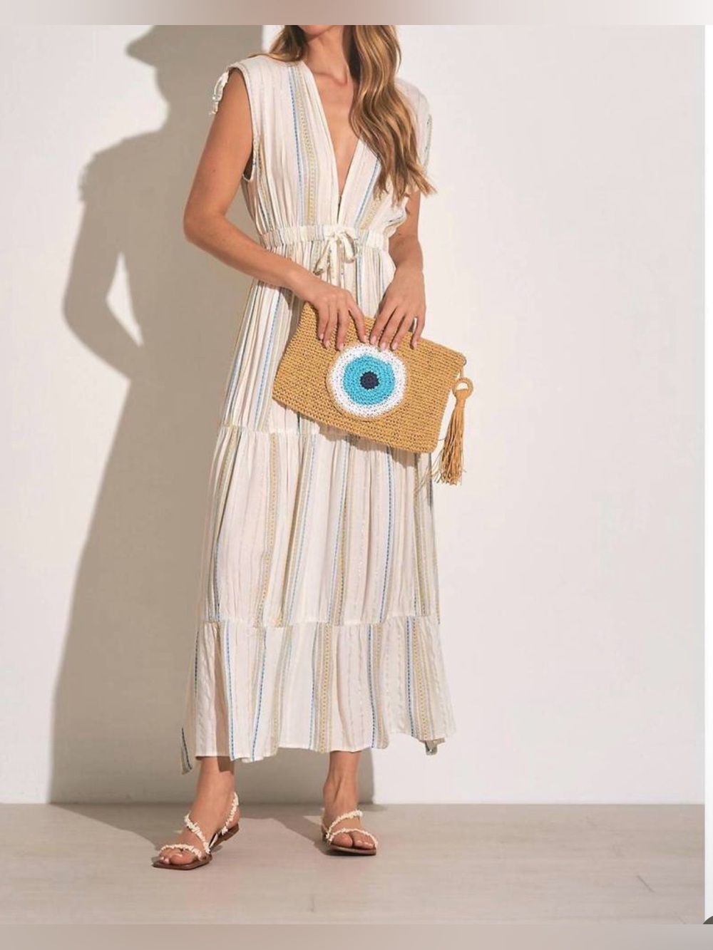 Elan White Striped V-Neck Maxi Dress with Pastel Accents